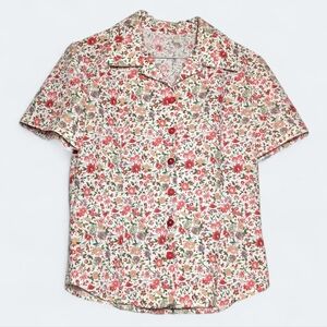 Handmade Floral Button Down Blouse Vintage Style Short Sleeve Cotton Top Retro